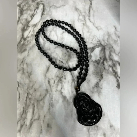 JADE obsidian Black Hand Carved Maitreya Buddah Pendant Necklace - Picture 6 of 7